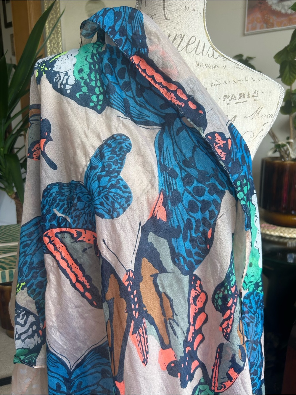 Lightweight Butterfly Print Scarf - Blue, Teal & Coral